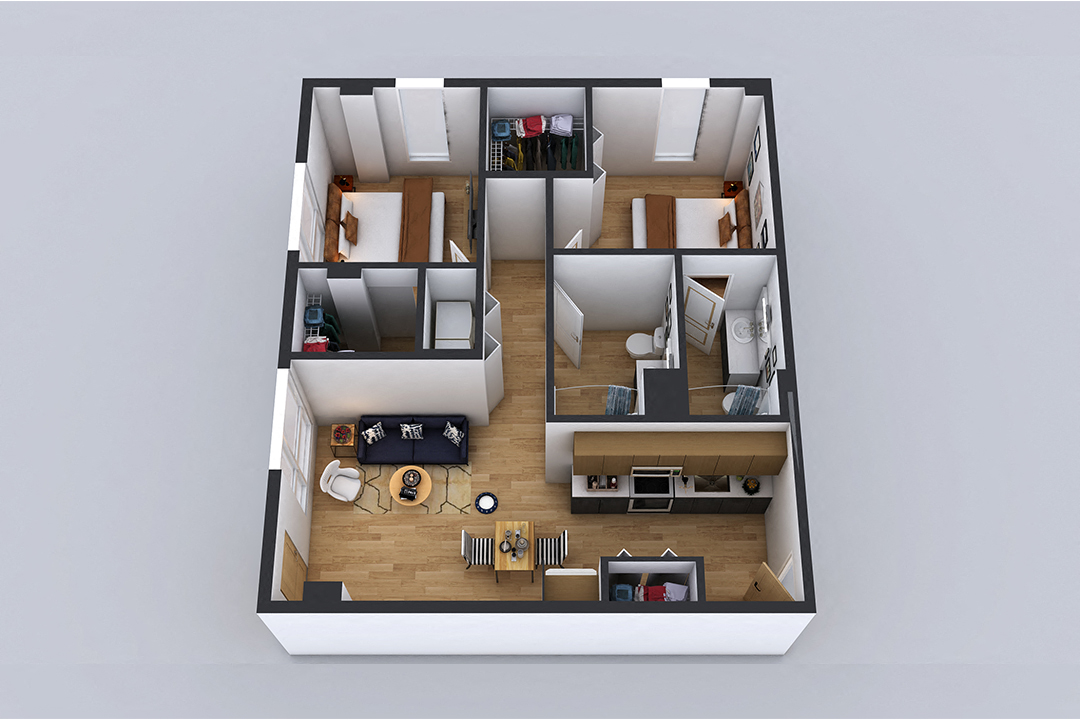 Floor plan for 2 beds, 2 baths, 961 sqft